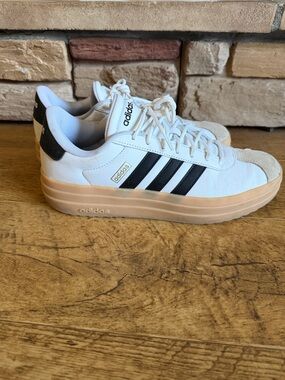 adidas White Sneakers with Black Stripes and Tan Gum Sole